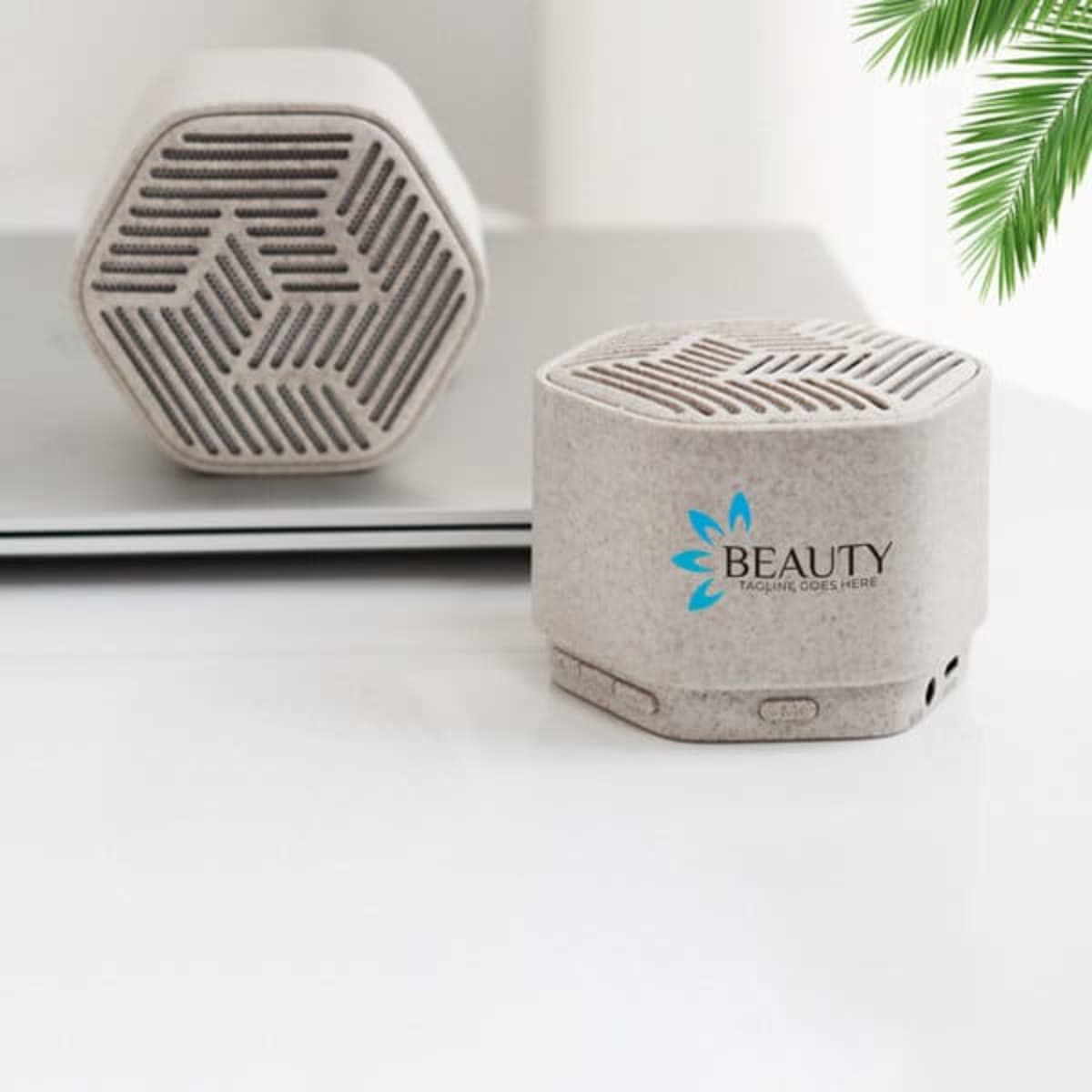 A grey wheat straw portable speaker with a hexagonal shape and a logo, placed beside a laptop on a white surface.