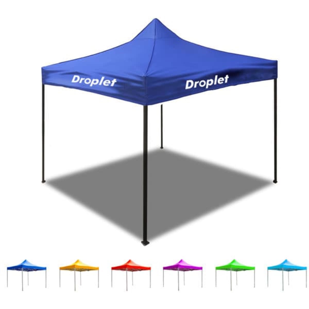 A blue outdoor pop-up canopy tent with a logo, featuring multiple colour options below, including yellow, orange, and pink.