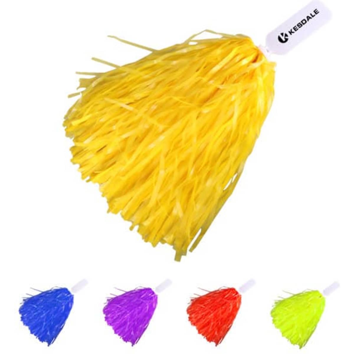 A handheld pom pom in bright yellow, with additional pom poms in purple, blue, and green below. Features a logo.