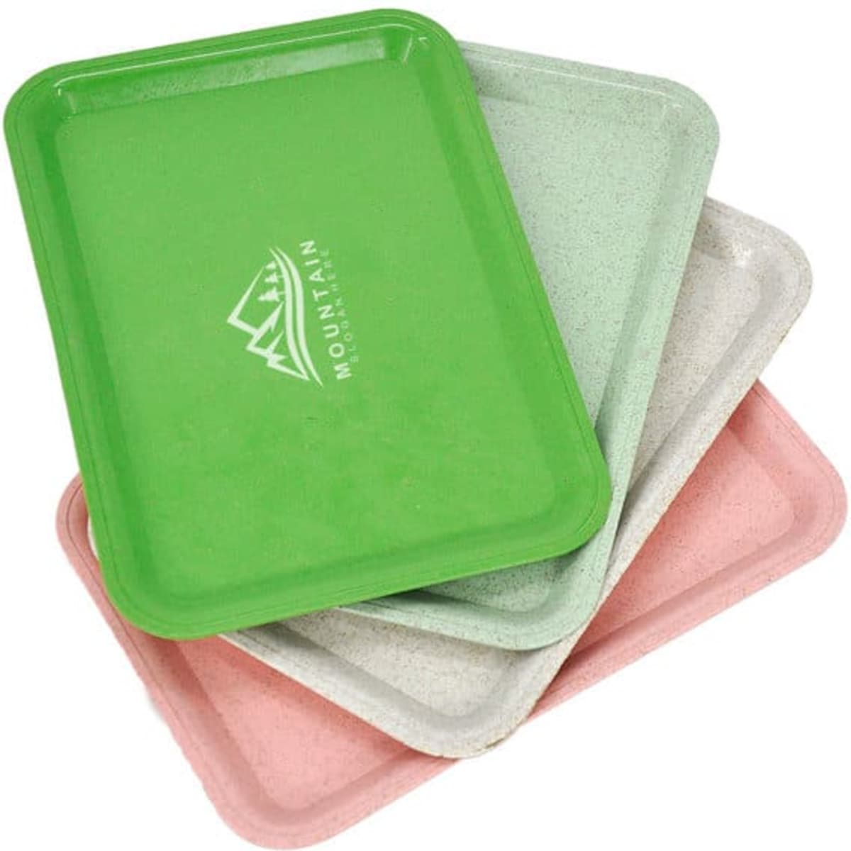 A set of three biodegradable plastic cigarette trays in green, pink, and light grey, featuring a logo.