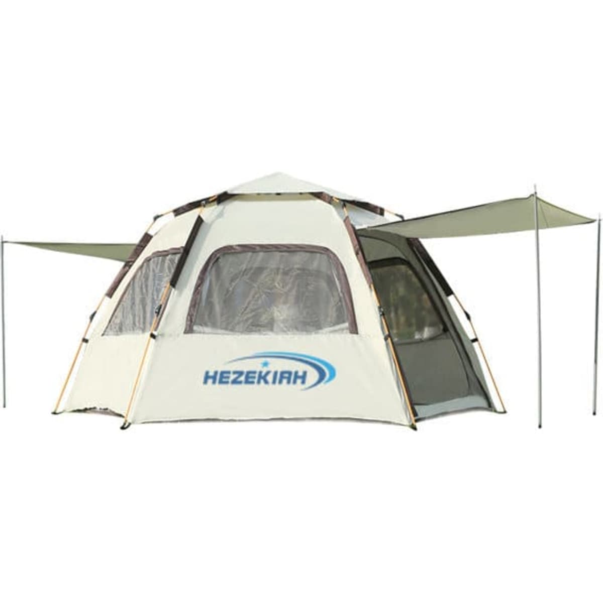 A hexagonal camping tent in white and grey, featuring large mesh windows and a logo. Two canopy extensions are present.