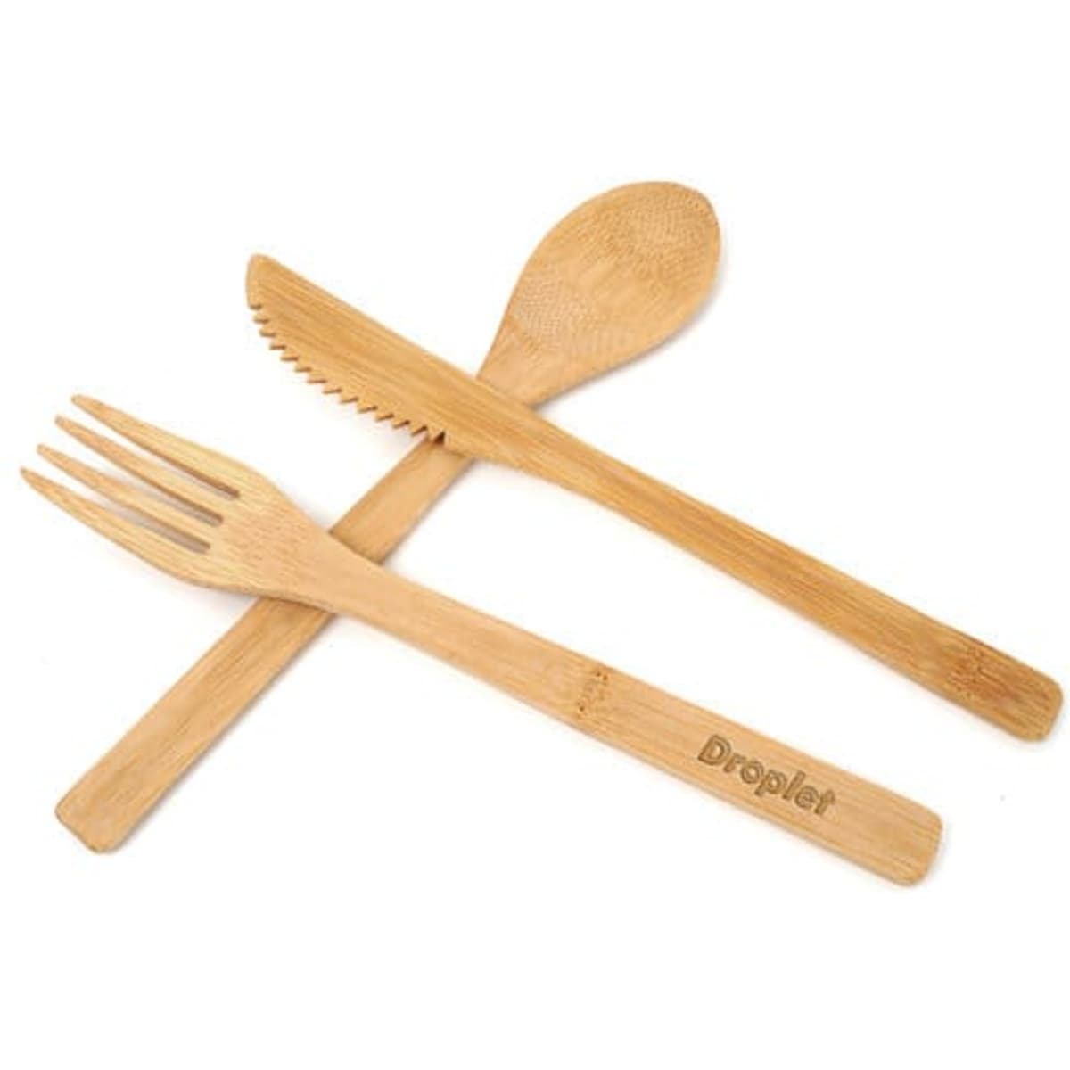A bamboo cutlery set featuring a fork, spoon, and knife, all in a natural wood colour with a logo.