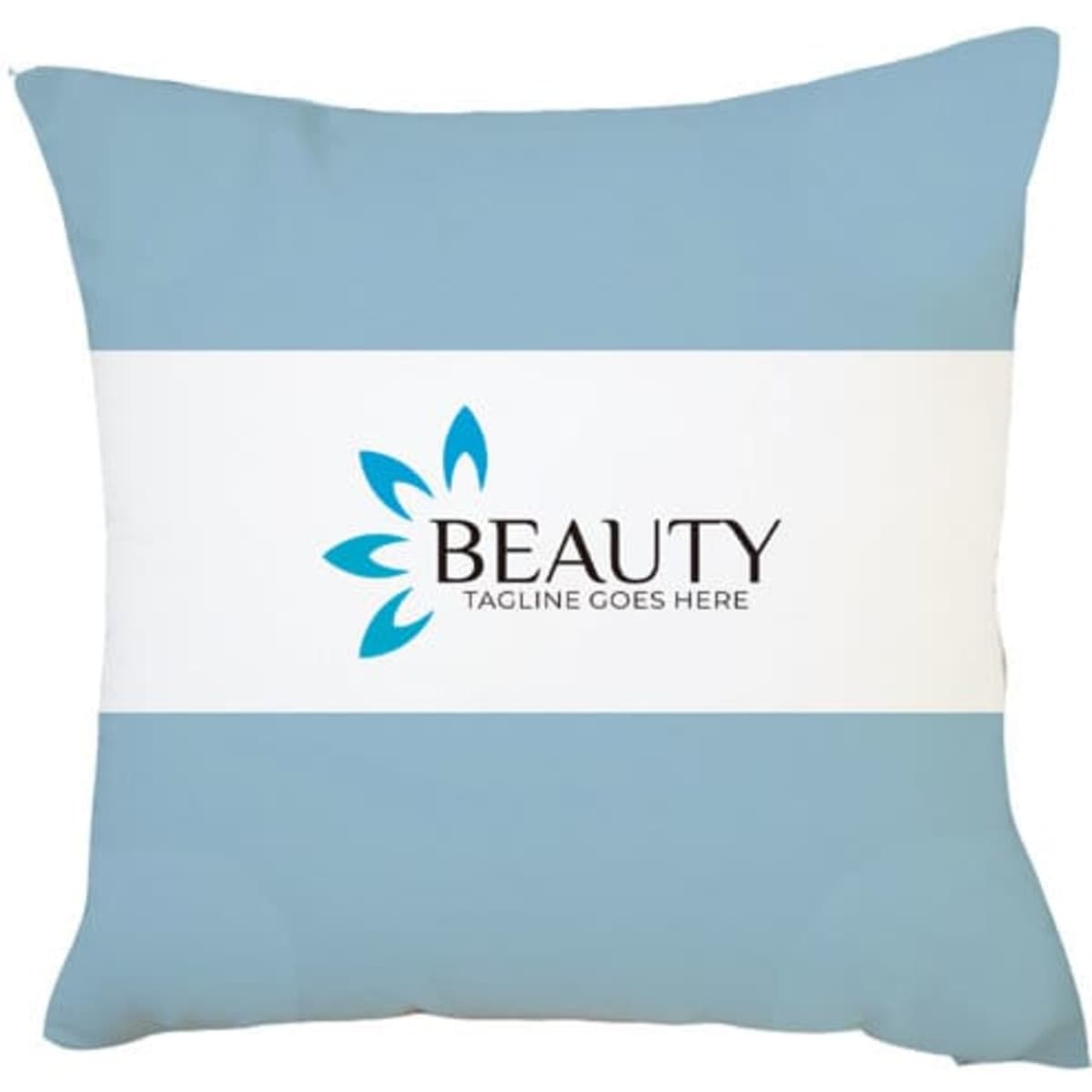 A blue and white pillowcase featuring a logo and a space for a tagline.
