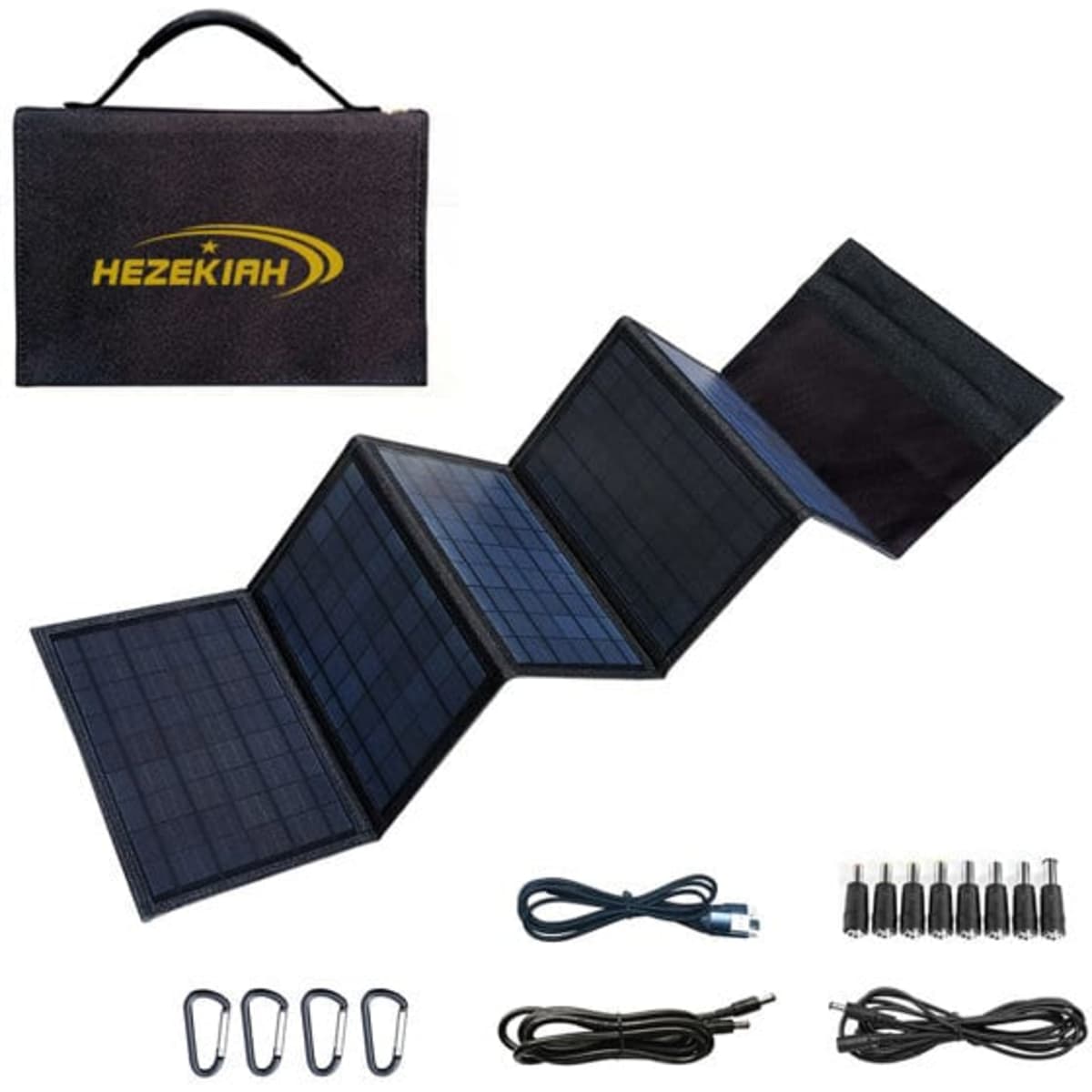 Foldable portable solar panels in black, featuring three panels, a carry handle, and assorted charging cables and connectors.