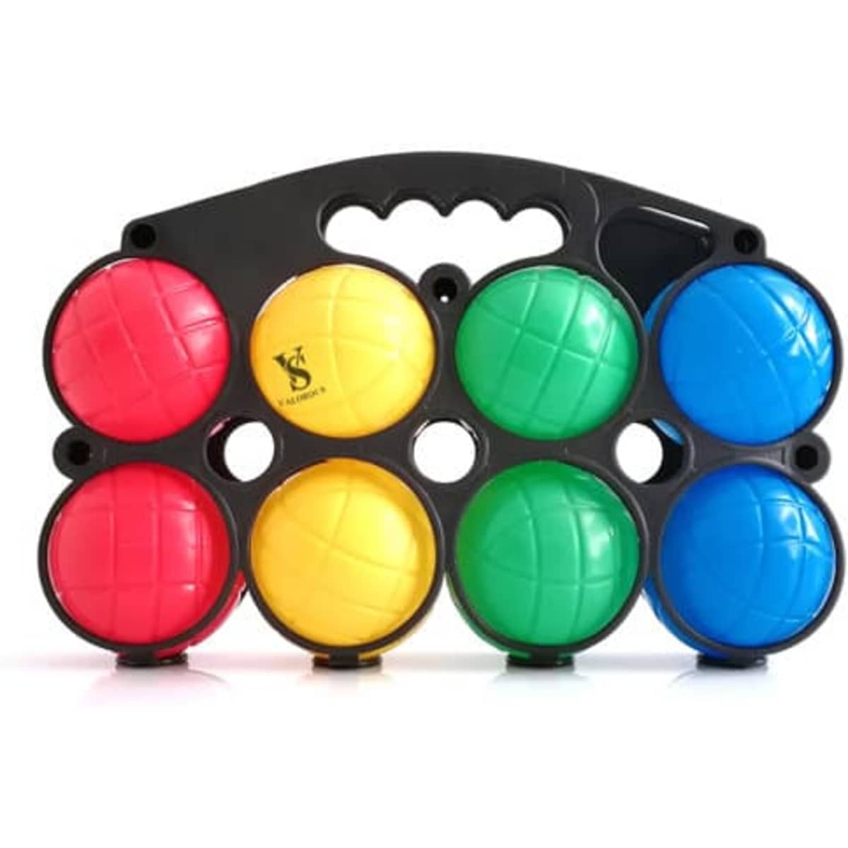 A set of boccia balls in red, yellow, green, and blue, housed in a black carrying case with a handle.