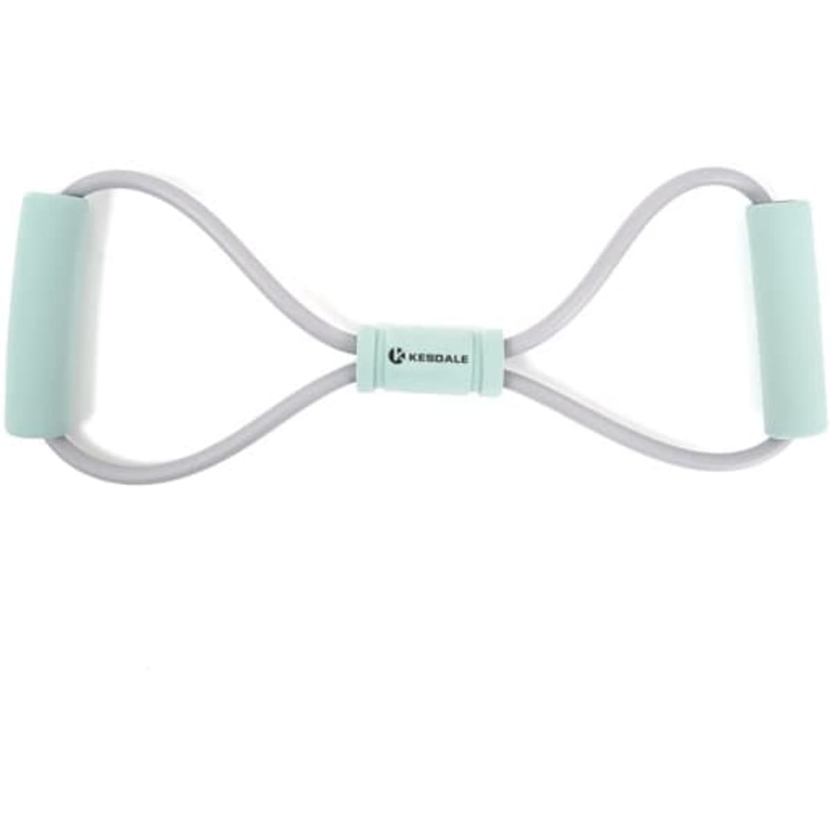 A Figure 8 Yoga Tensioner in light green and grey with padded handles and a central logo.