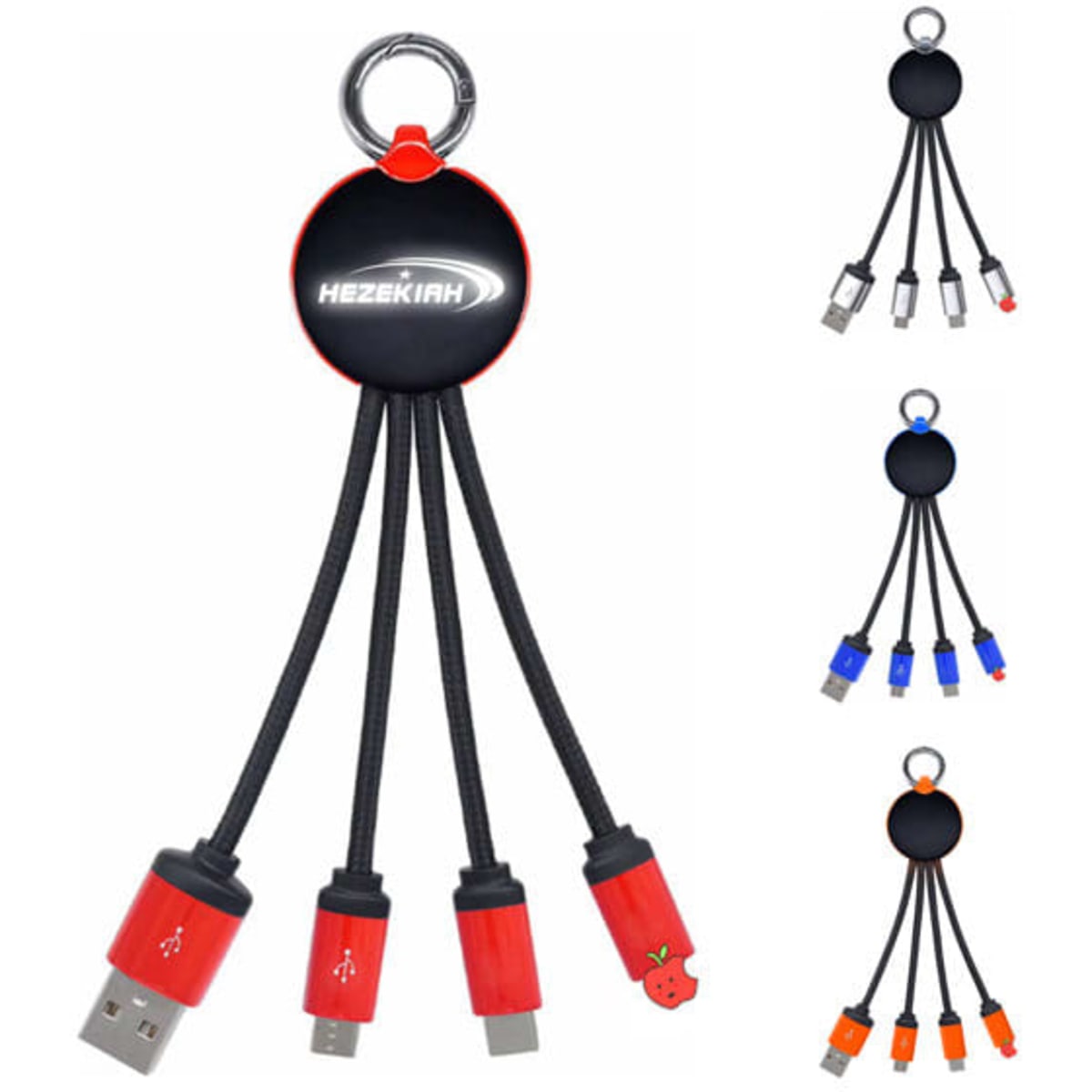 A keychain luminous data cable in red, featuring multiple connector types and a circular black logo badge.