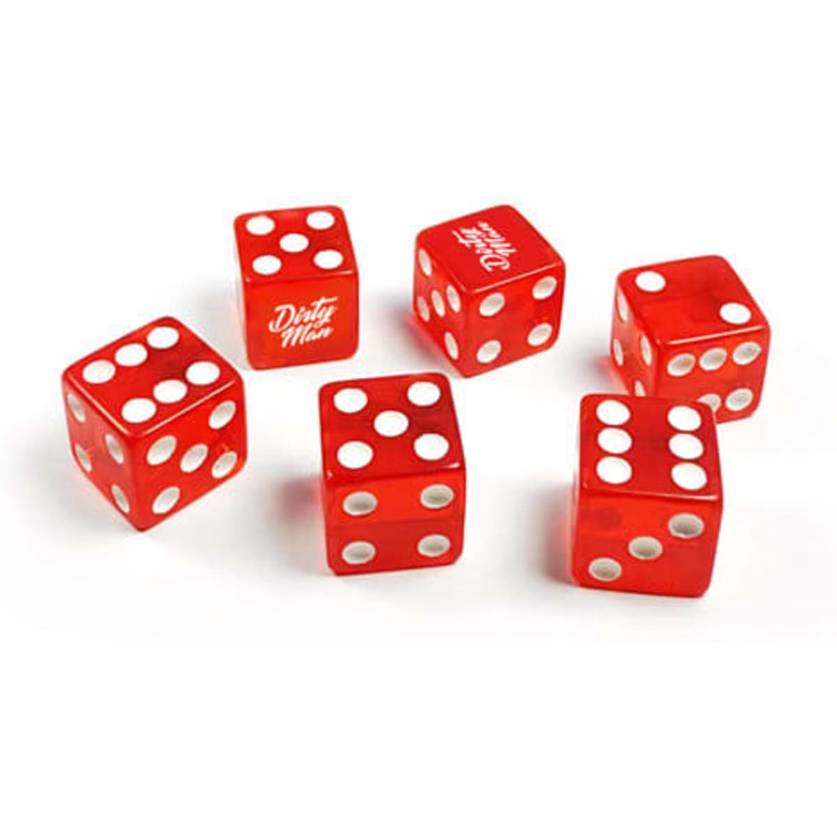 Red six-sided dice with white dots, featuring a logo on one die. Includes a total of six dice.