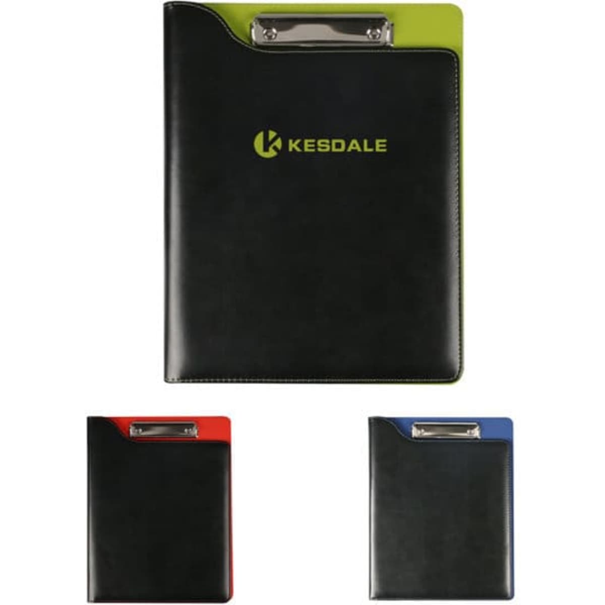 A4 multipurpose file folder in black with a green clip, featuring red and blue variants. Includes a logo.