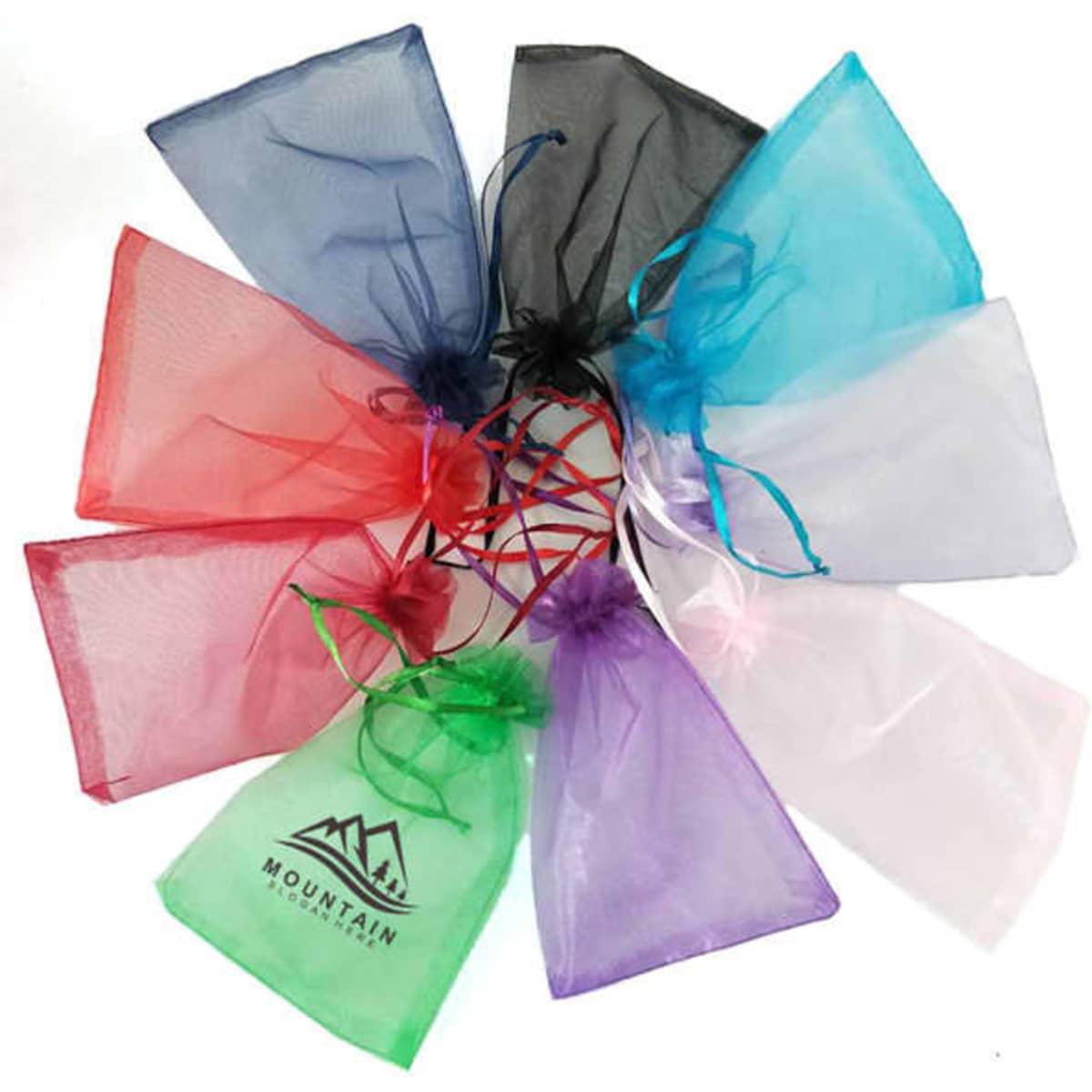 A collection of organza gift bags in various colours, including red, blue, green, white, and black, featuring drawstring closures and branding.