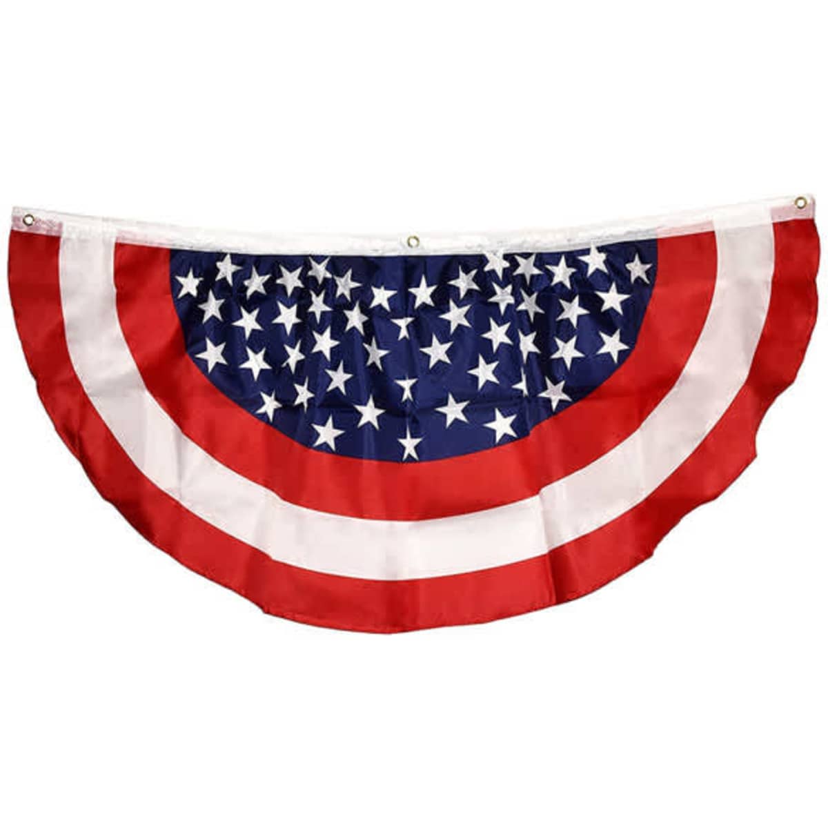 A polyester pleated fan flag featuring red, white, and blue colours with stars, designed for exhibitions and events.