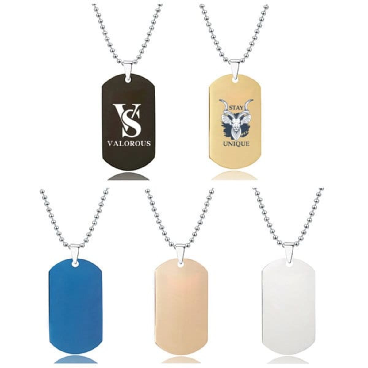 A collection of men's dog tag pendant necklaces in black, gold, blue, rose gold, and silver with ball chains.