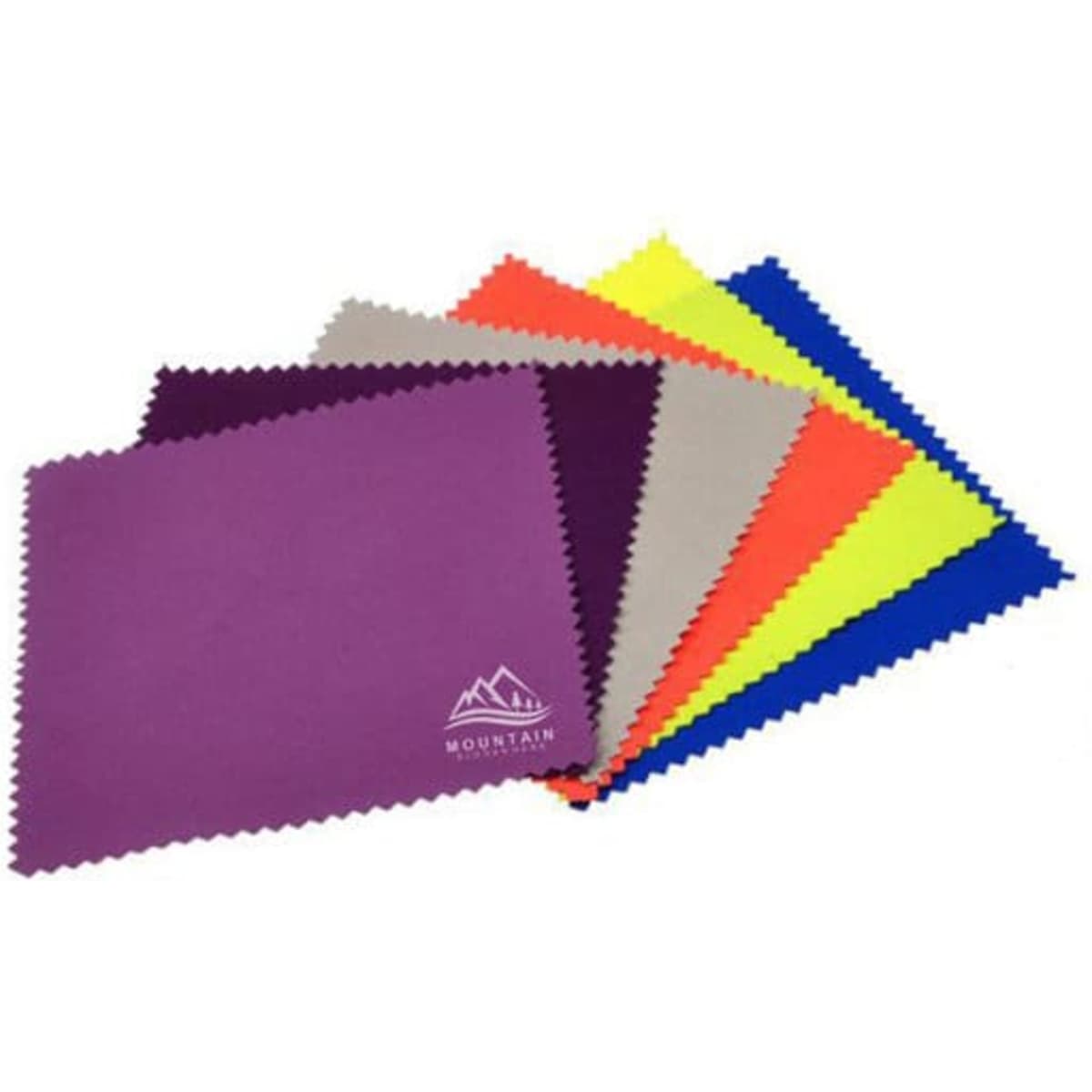 A set of multi-coloured jewellery polishing cloths, including purple, grey, and bright neon shades. Each cloth has a logo.