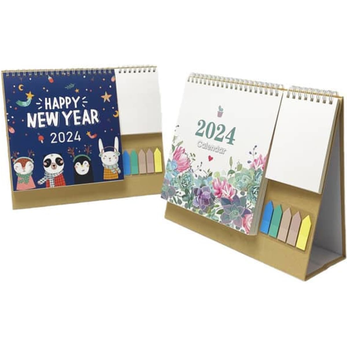 A multifunctional pocket desk calendar featuring colourful illustrations and a logo, with sections for notes and coloured tabs.