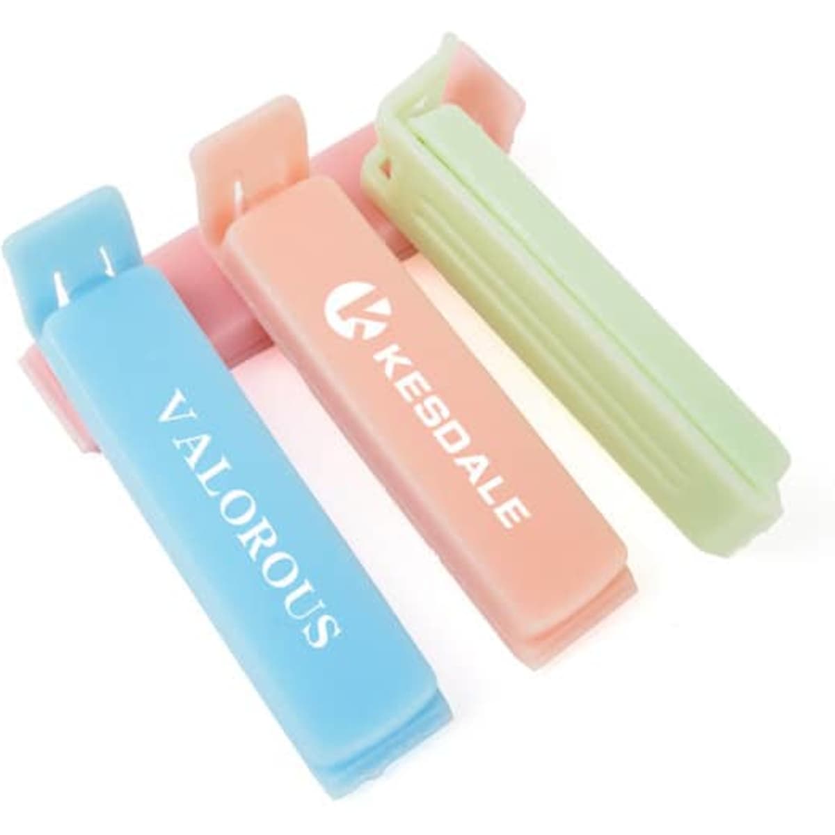 Three food bag sealing clips in blue, pink, and green, with a logo on one of the clips.