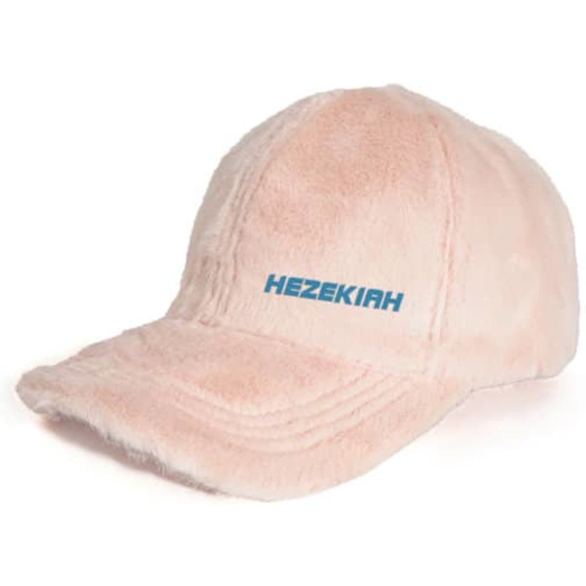 A pink faux fur baseball cap with a logo on the front and a soft, textured finish.