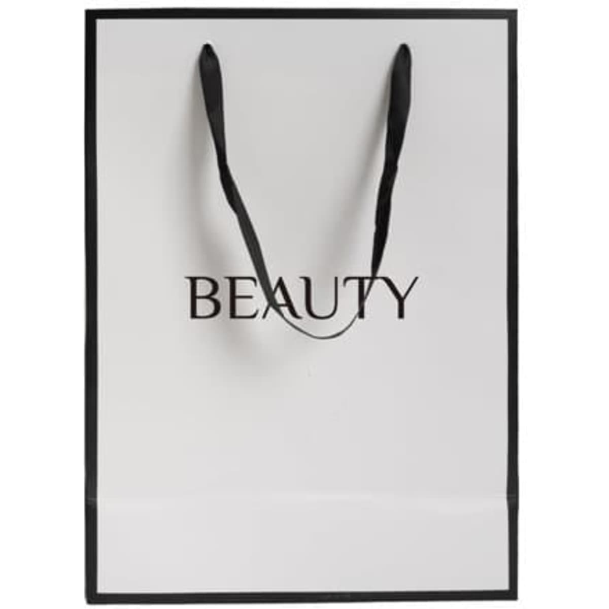 A white cardboard gift bag with black handles and a black branding logo.