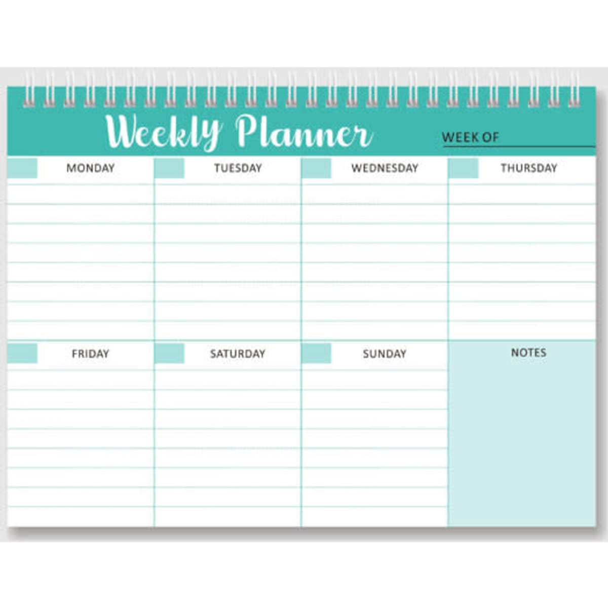 A weekly planner pad in teal and white, featuring spaces for each day and a notes section. It has a spiral binding.