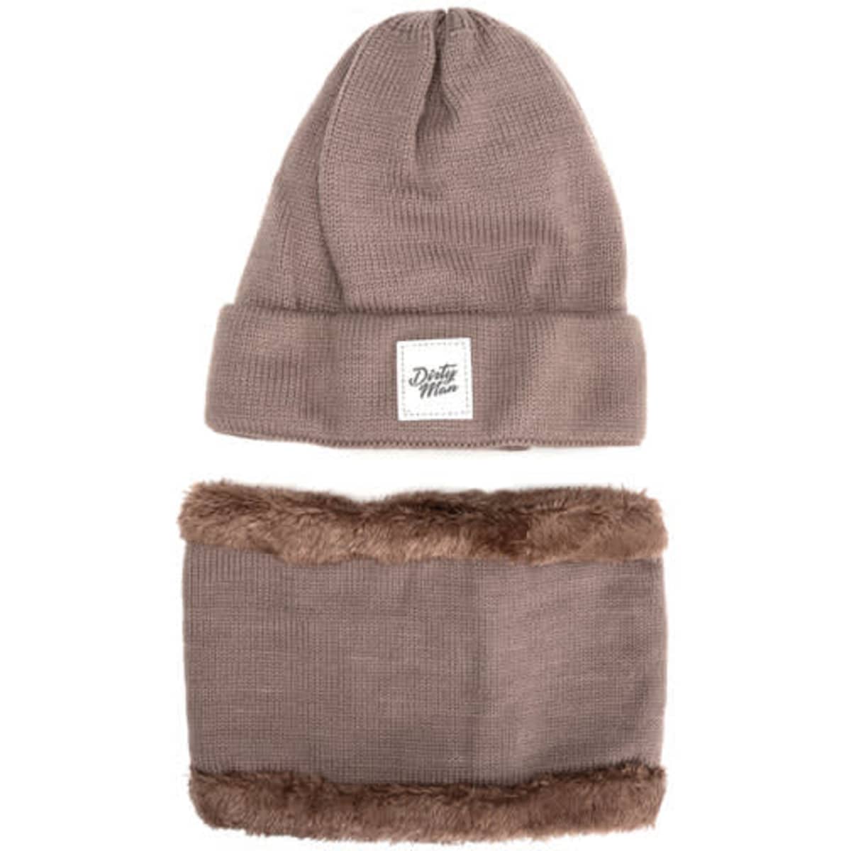 A brown beanie and matching neckwarmer set, featuring a soft interior and a logo patch on the beanie.