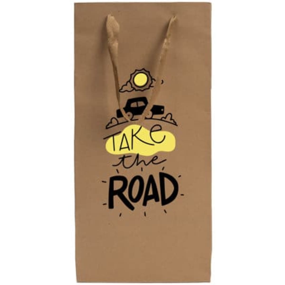A drink bottle bag made of brown kraft paper with a logo and artistic graphics. It features handles for easy carrying.