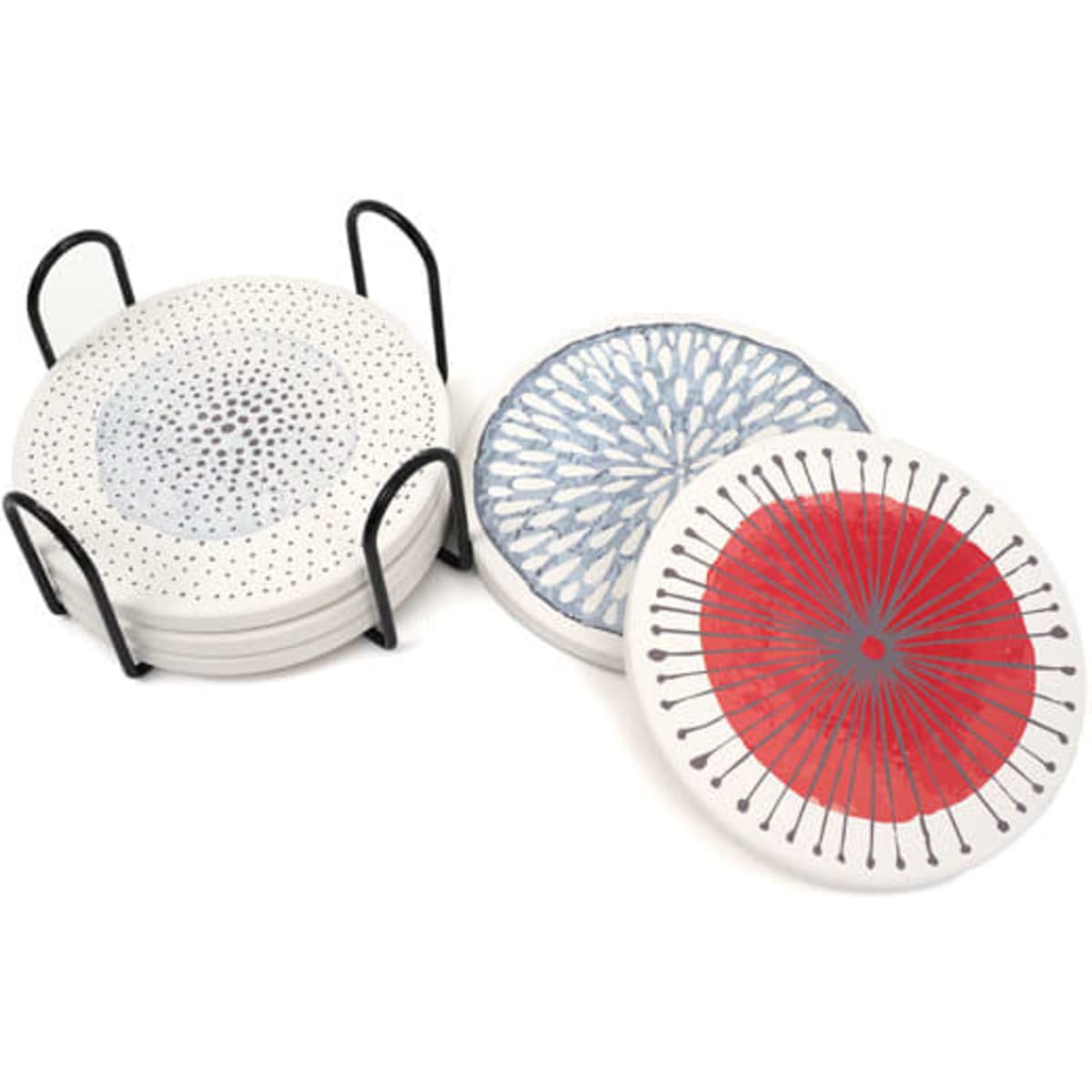 A set of ceramic coasters with intricate designs in red and blue, displayed in a black holder.