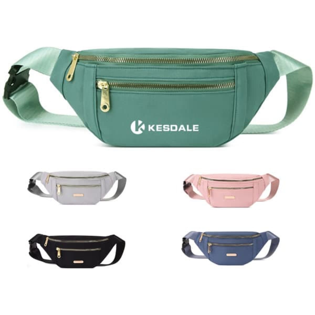 A multi-layer waist bag in green, featuring gold zippers, with additional bags in grey, pink, and navy.