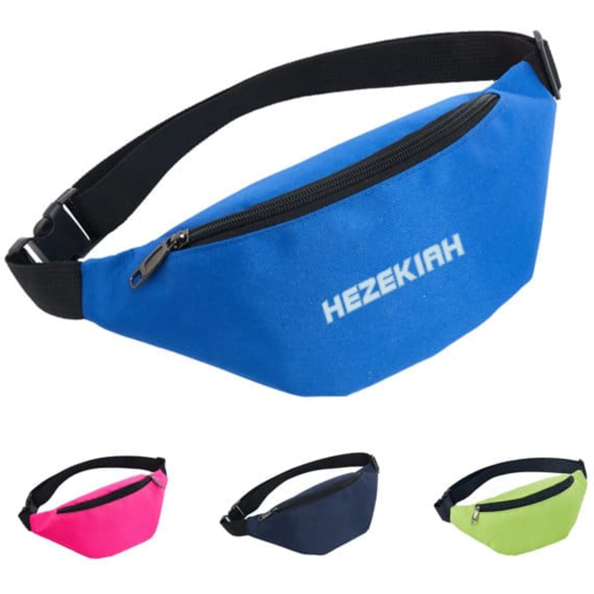 A blue waterproof fanny pack with a zippered compartment, featuring a logo, and available in pink, navy, and green.
