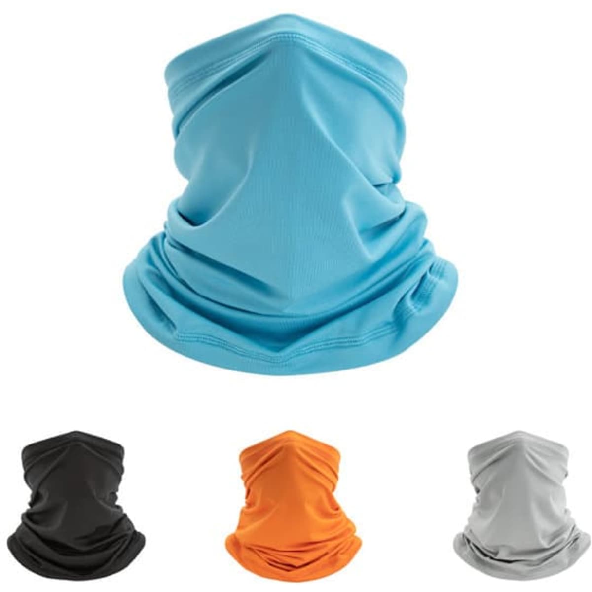 A collection of four Ice Silk Sports Bandanas in black, orange, grey, and blue. Each bandana features a logo.