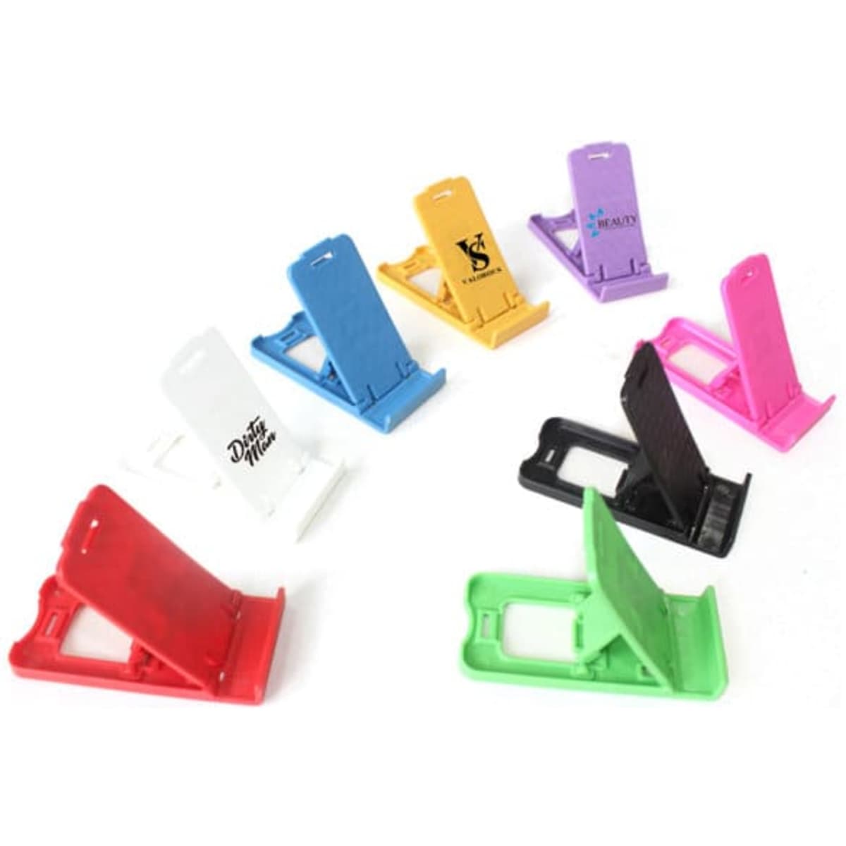A collection of eight adjustable desktop phone stands in various colours, including red, green, pink, yellow, blue, purple, white, and black.