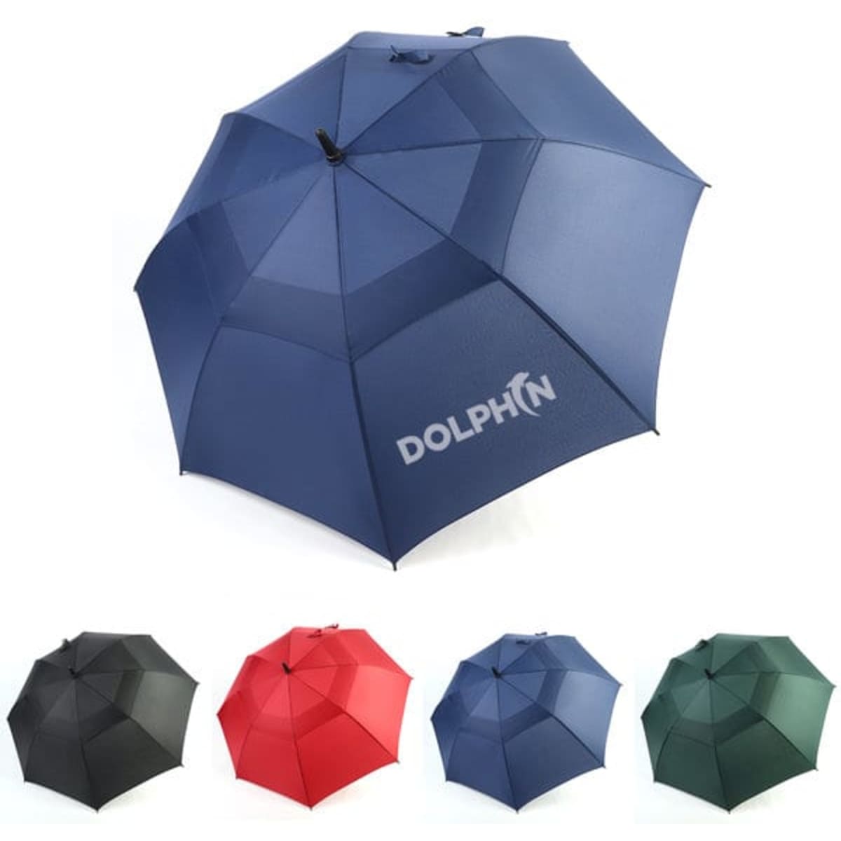 A double layer golf umbrella in navy, with options in black, red, and green. It features a logo.