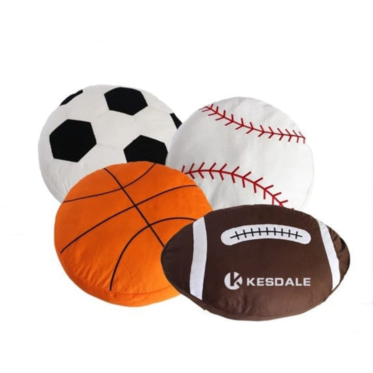 Four sports-themed plush pillows in the shapes of a soccer ball, basketball, baseball, and football, featuring various colours.