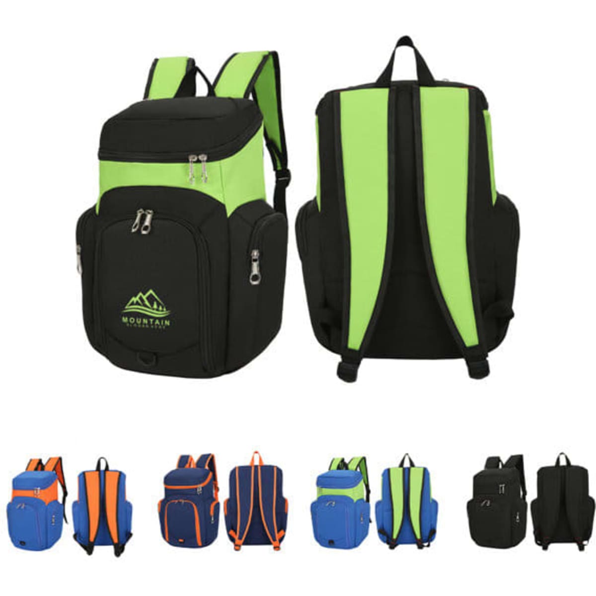A black and green backpack with a ball compartment, featuring adjustable straps and a logo on the front.