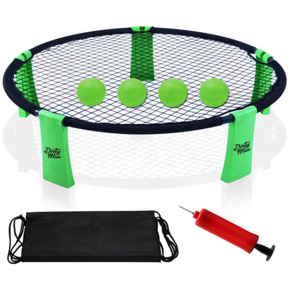 A roundnet game set featuring a black and green net, three green balls, a red pump, and a black carry bag.