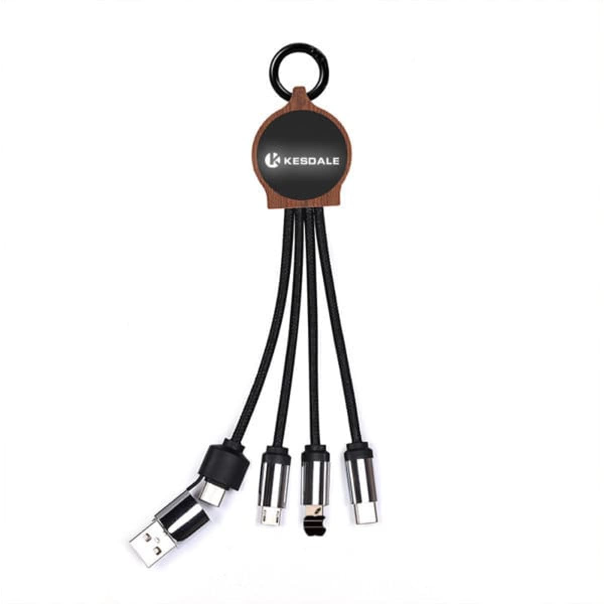 A black RPET 3 In 1 charging cable with multiple connectors, featuring a round logo holder.