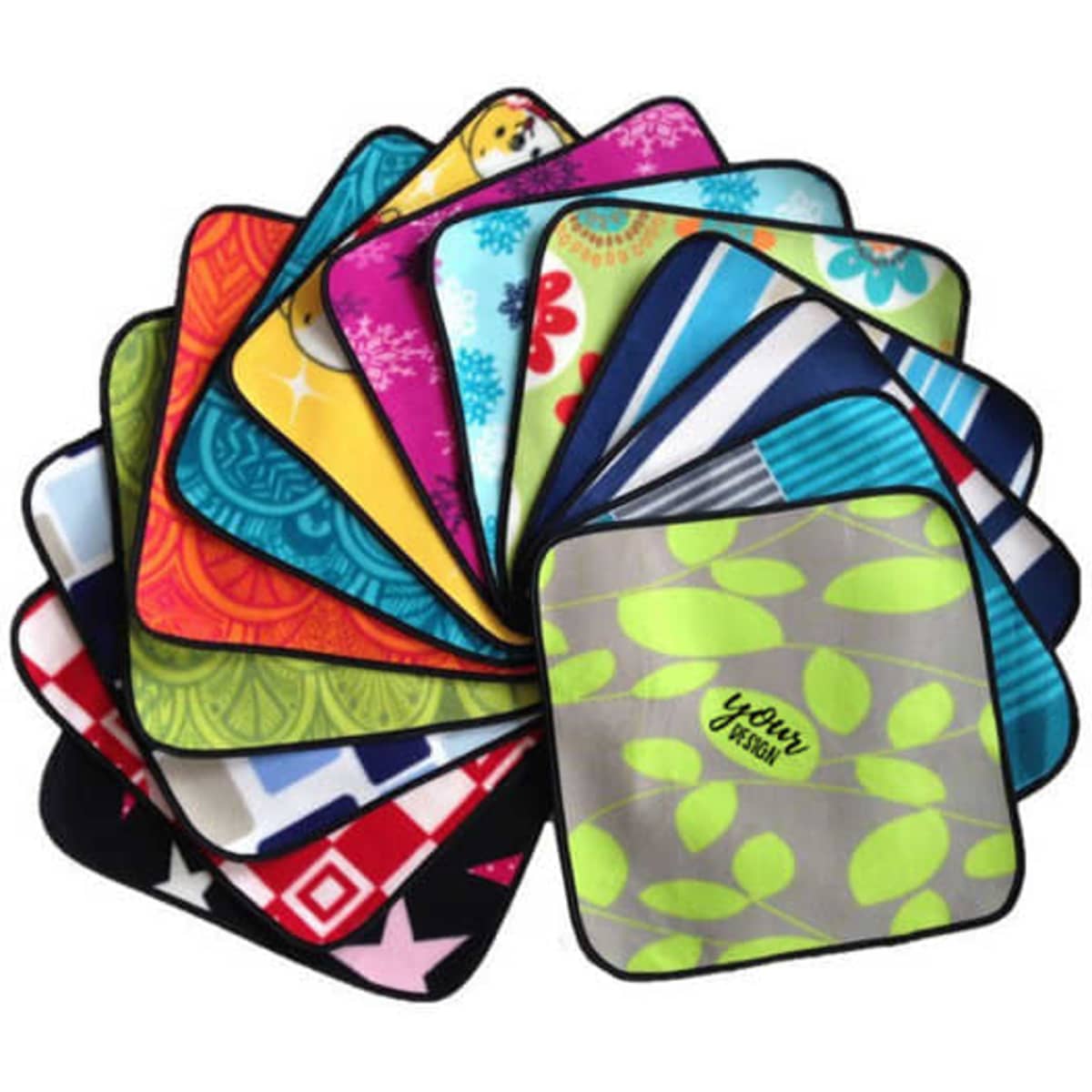 A collection of vibrant picnic seat mats in various patterns and colours, featuring multiple designs. Each mat has a logo.