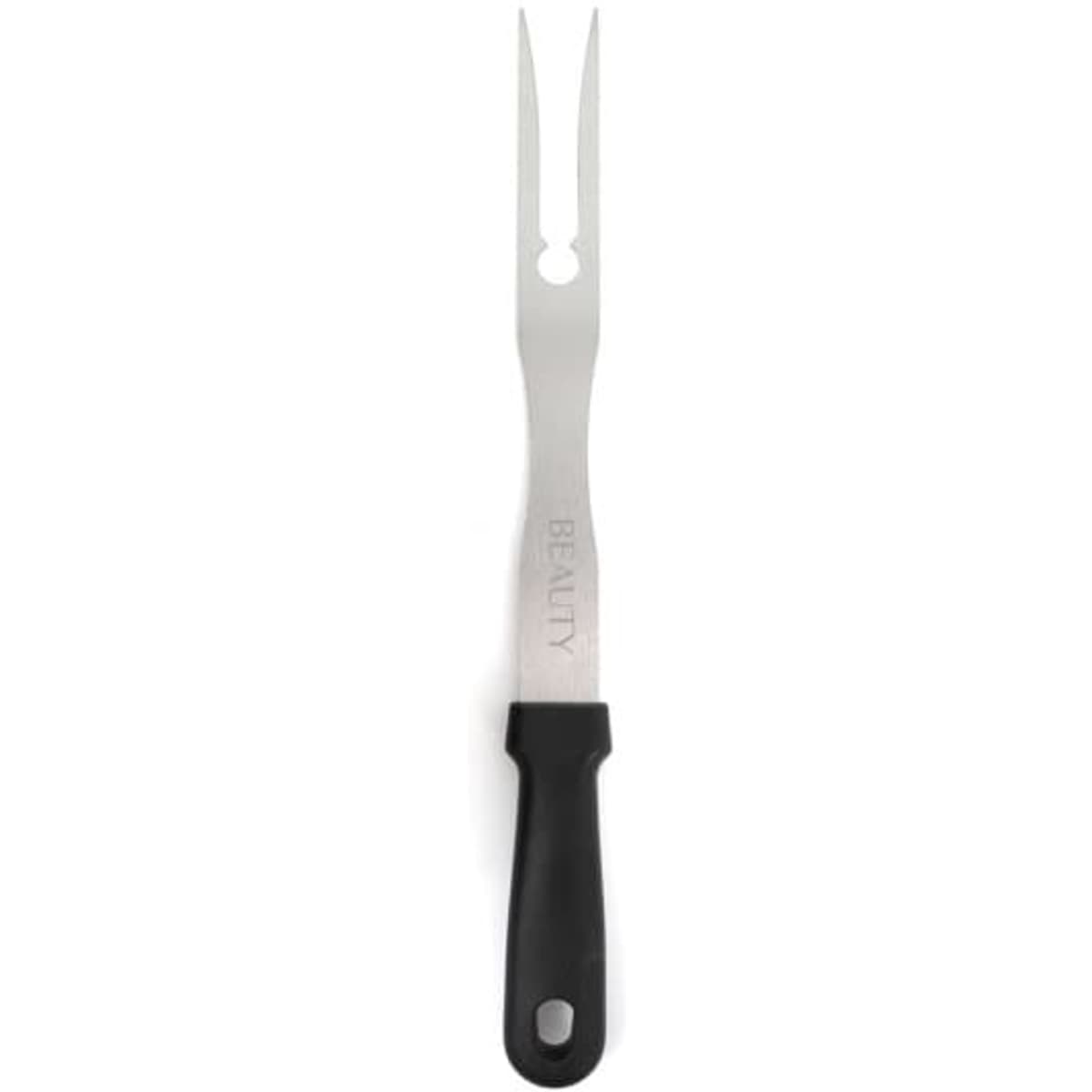 A stainless steel BBQ carving fork with a black plastic handle, featuring two prongs and a logo.