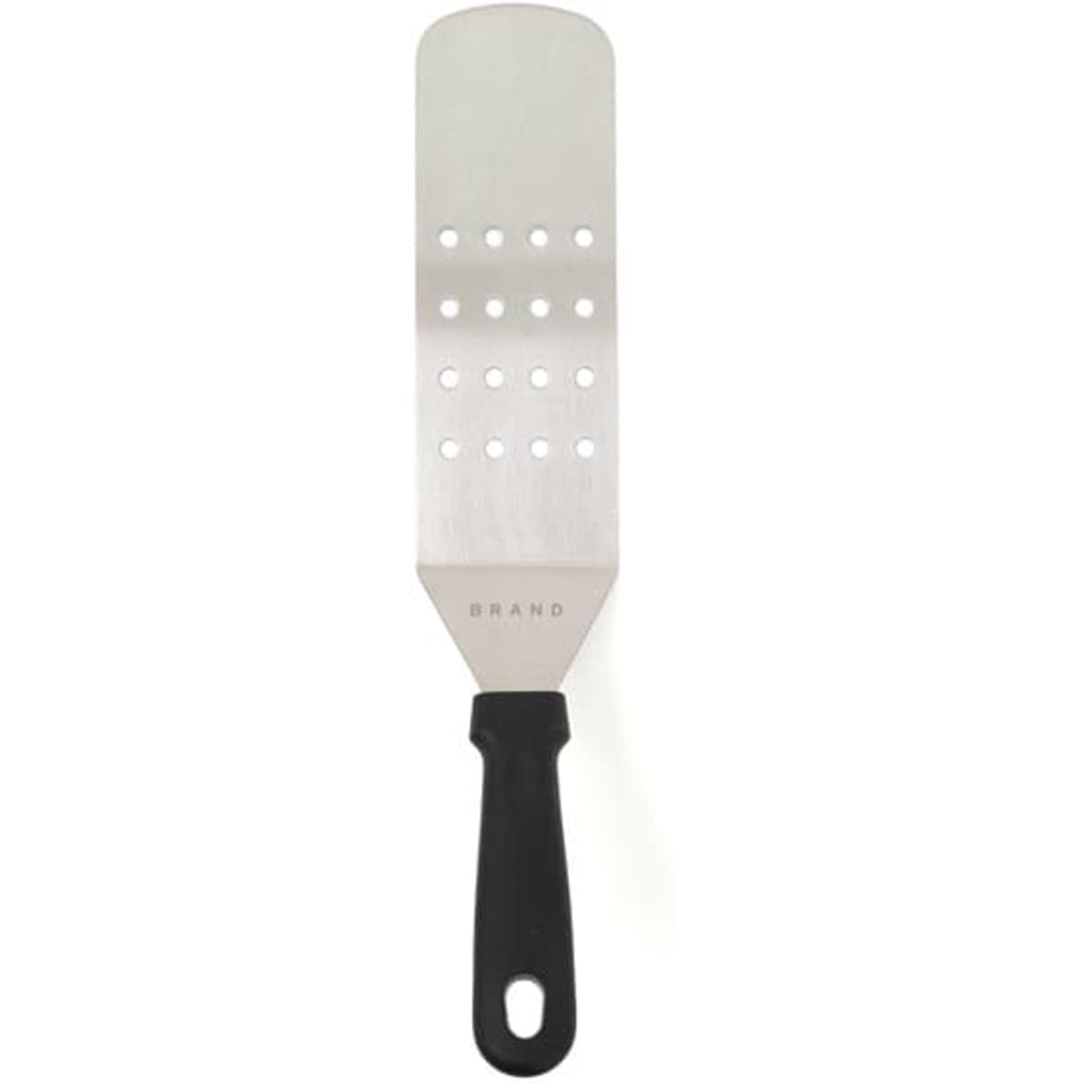 A stainless steel griddle spatula with a black handle and perforations for easy flipping.