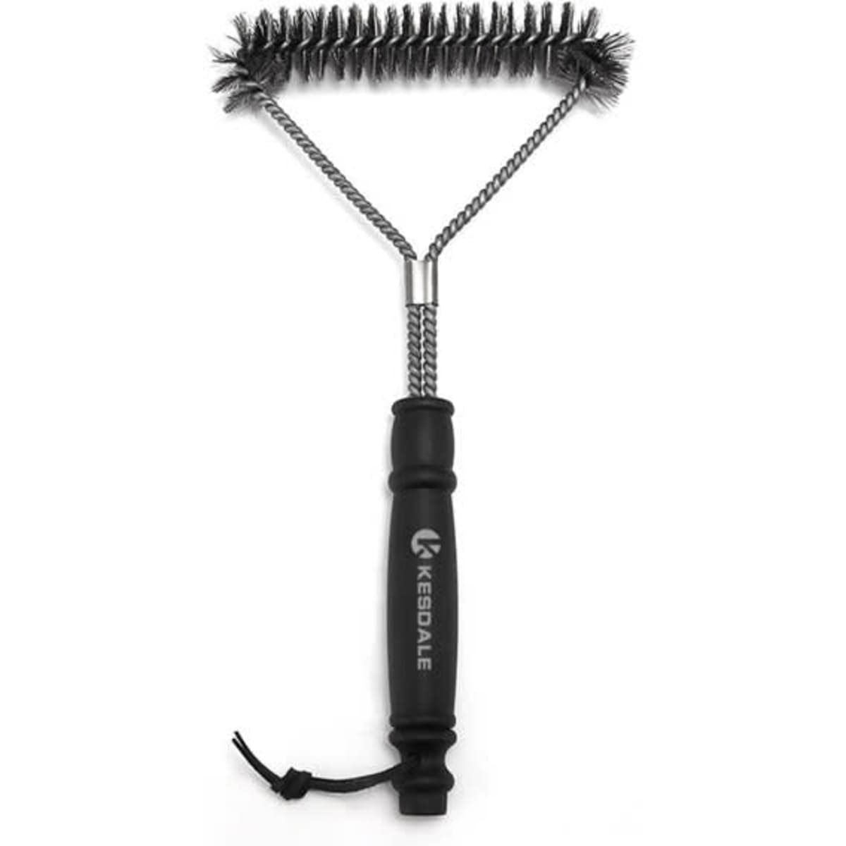A three-sided grill brush with a black handle and metallic bristles, featuring a logo on the handle.