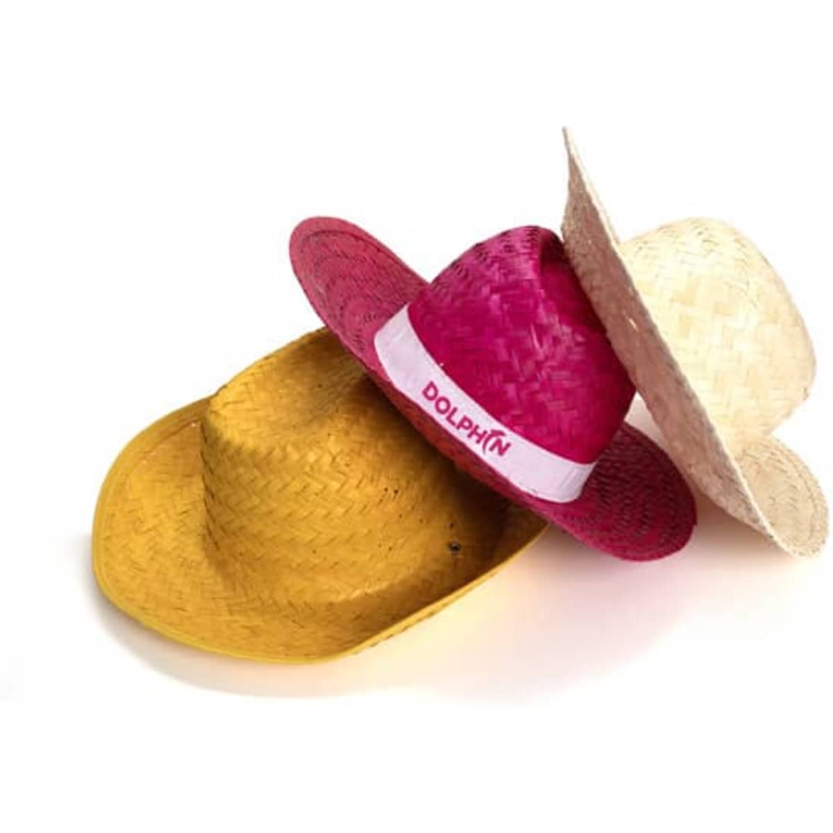 Three straw Panama hats in yellow, pink, and natural colours, featuring a logo on the pink hat.
