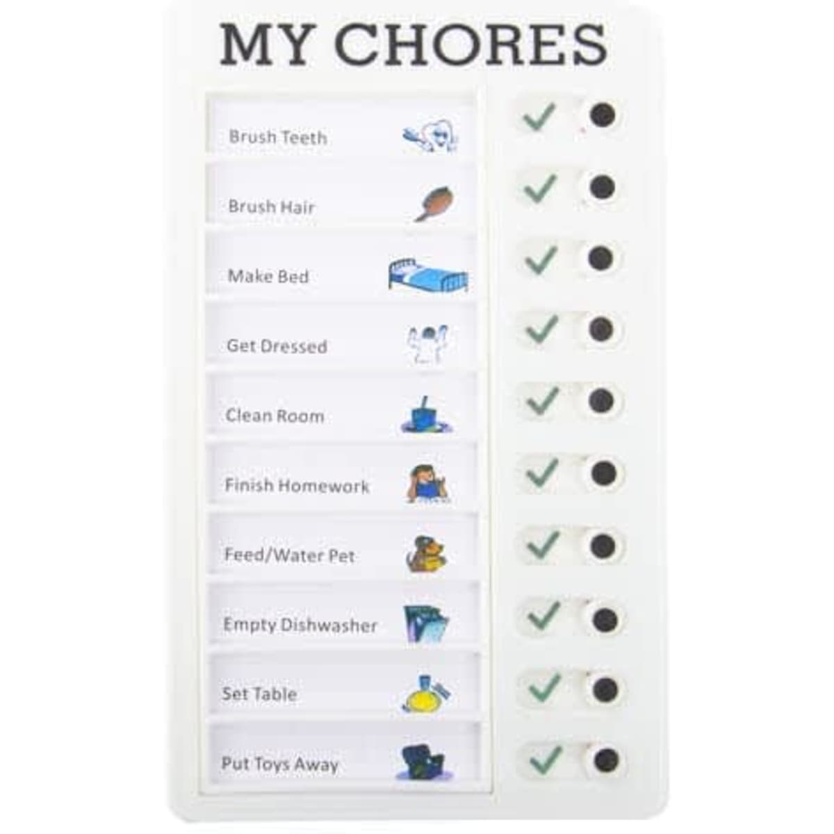 A white chore checklist board with sliding buttons, featuring various illustrated tasks and checkmark symbols.