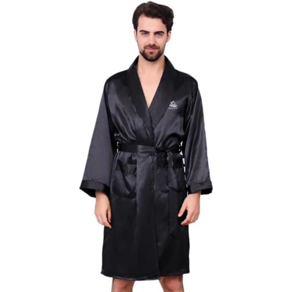 A men's black silk pajama robe featuring a belt, two pockets, and a logo on the chest.