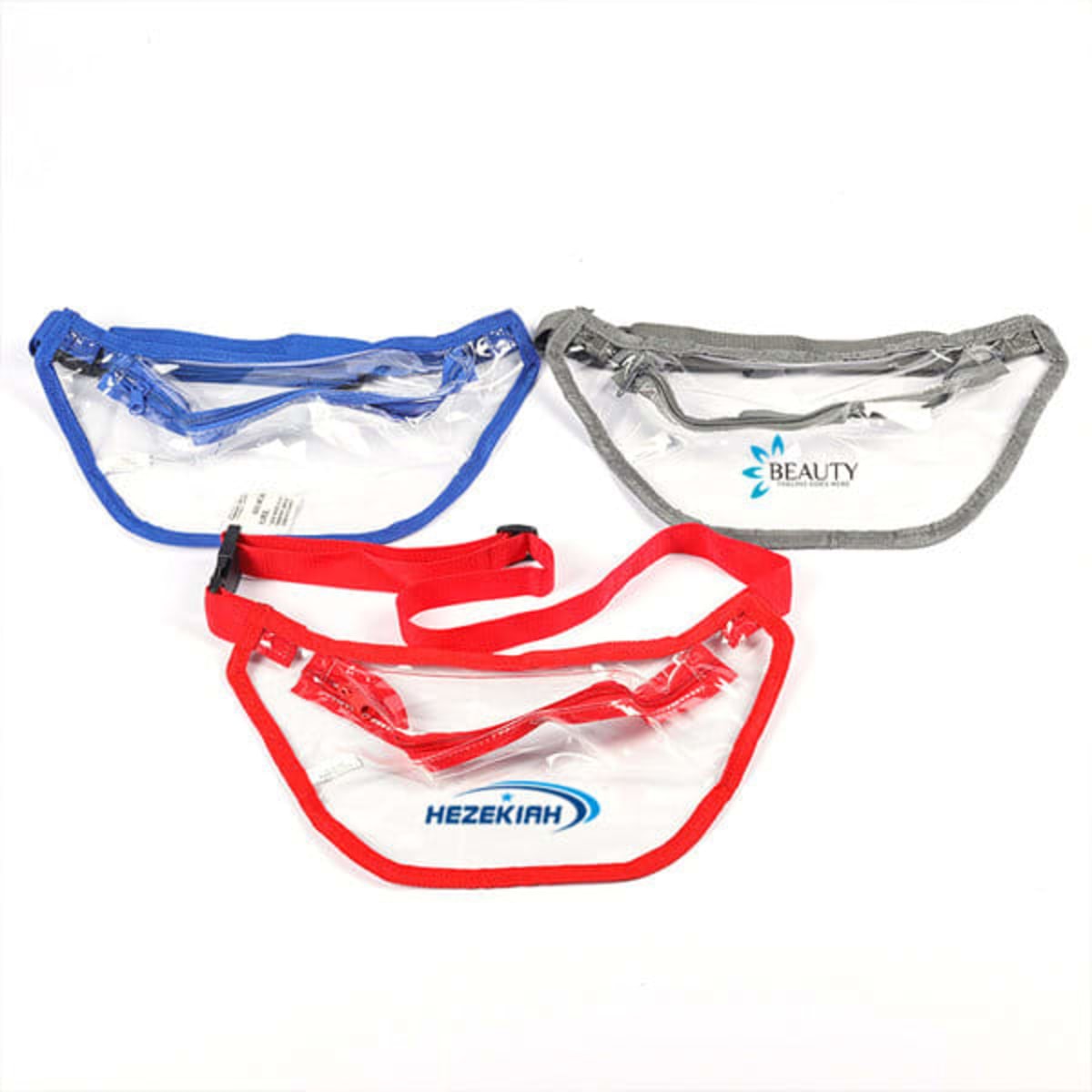 Three PVC waterproof waist bags in blue, red, and grey, each with adjustable straps and a logo.