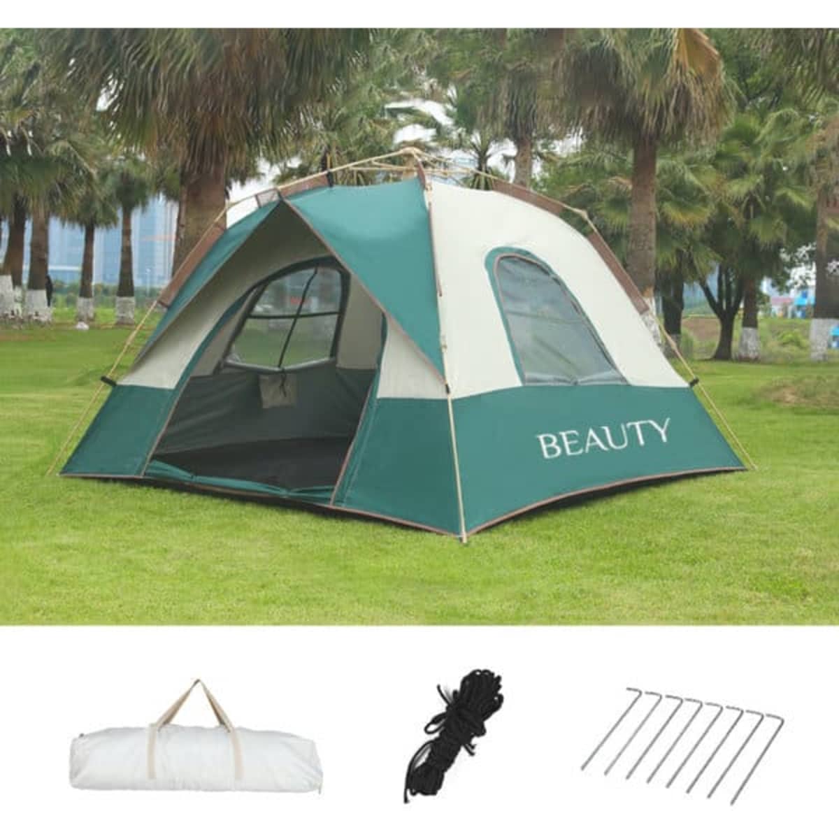 A waterproof camping tent in green and beige, accompanied by a carry bag, rope, and pegs. Features a logo.