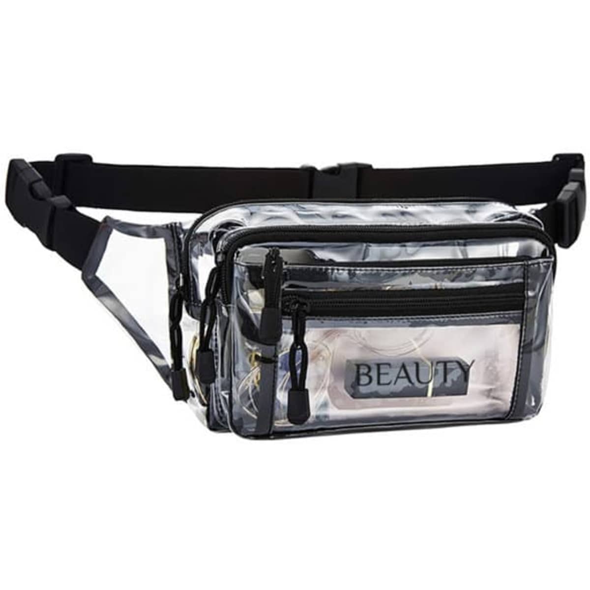 A clear multi-purpose fanny pack in silver with multiple zippered compartments and an adjustable black strap.