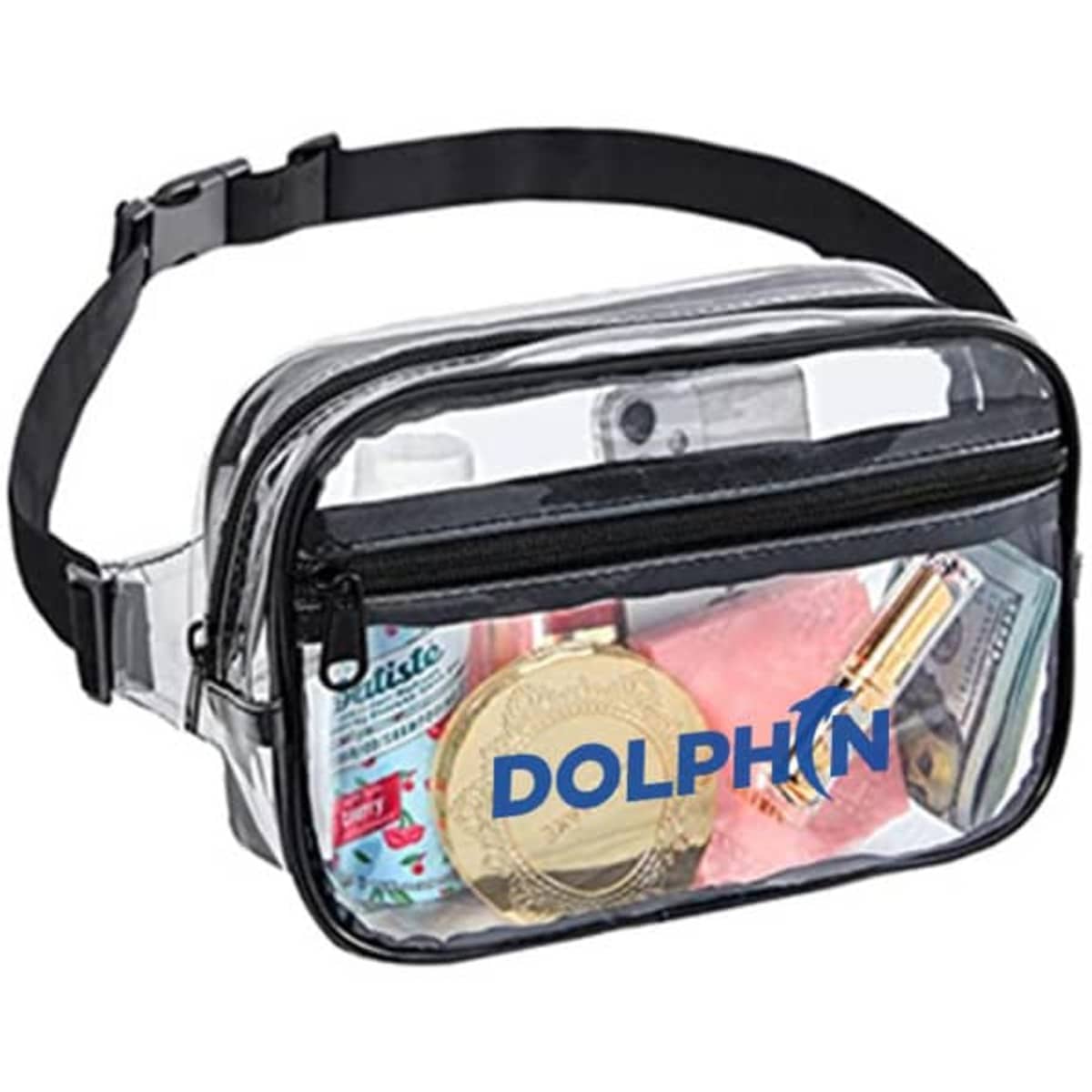 A clear, black-belt bag with a zippered closure, featuring various items inside, including a gold coin and personal items.
