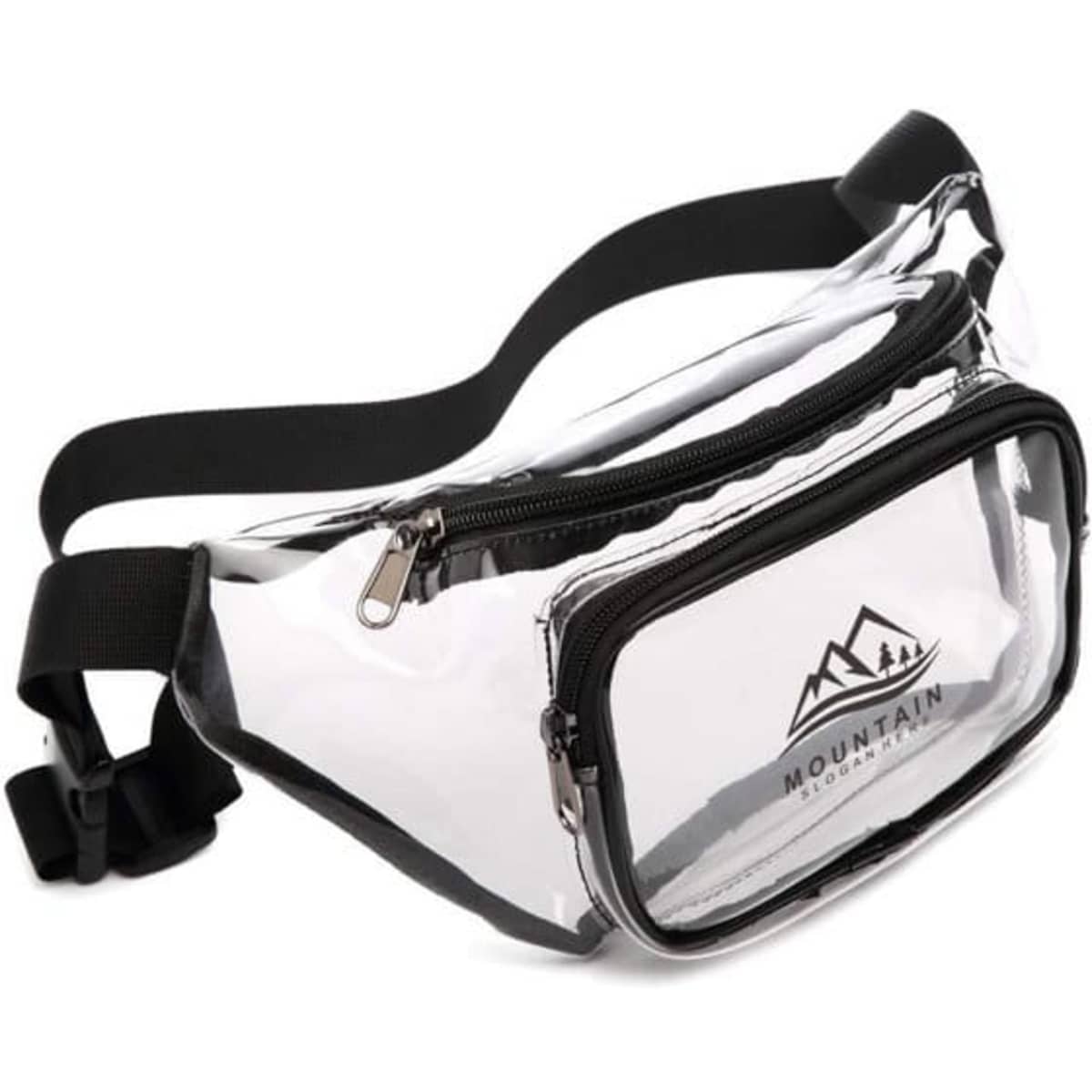 A clear, holographic fanny pack with a zippered front pocket and an adjustable black strap. It features a logo.
