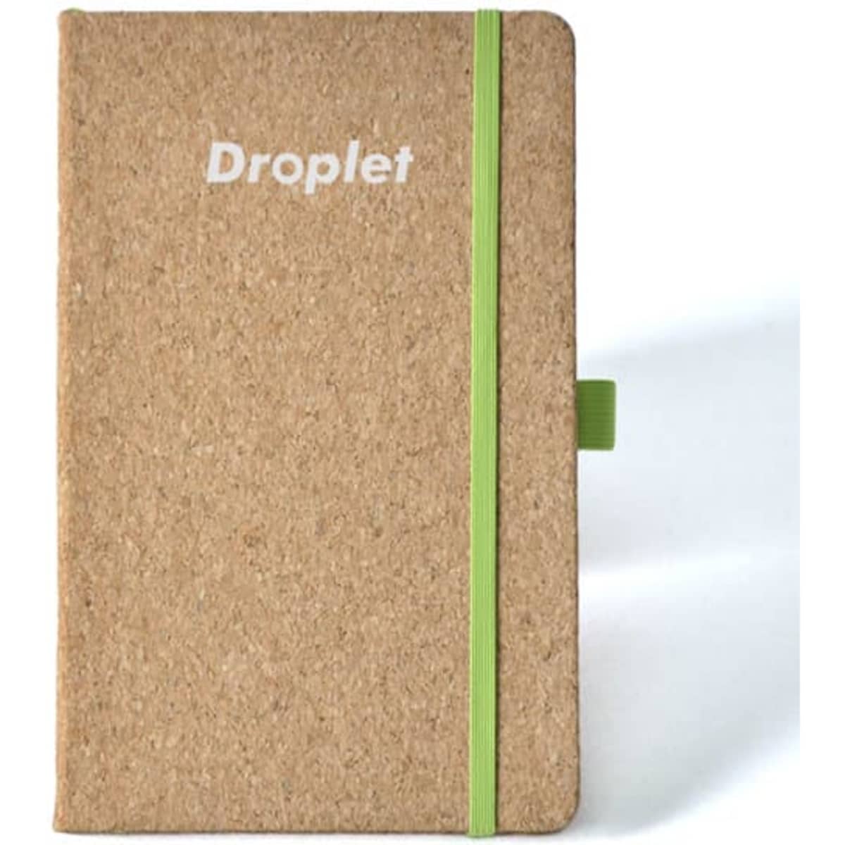 A cork notebook with a green elastic band and a logo on the cover. Suitable for office and business use.