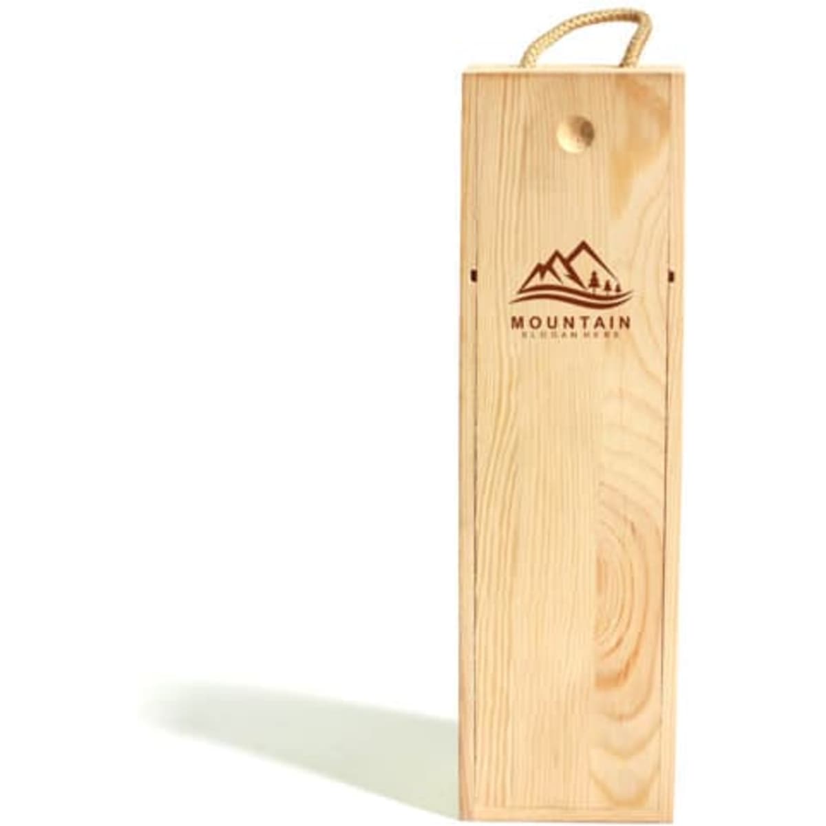 A wooden single wine bottle box in a natural finish with a rope handle and a logo.