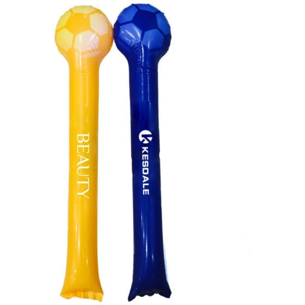 Two inflatable cheering sticks: one yellow with a soccer ball pattern and one blue, both featuring logos.