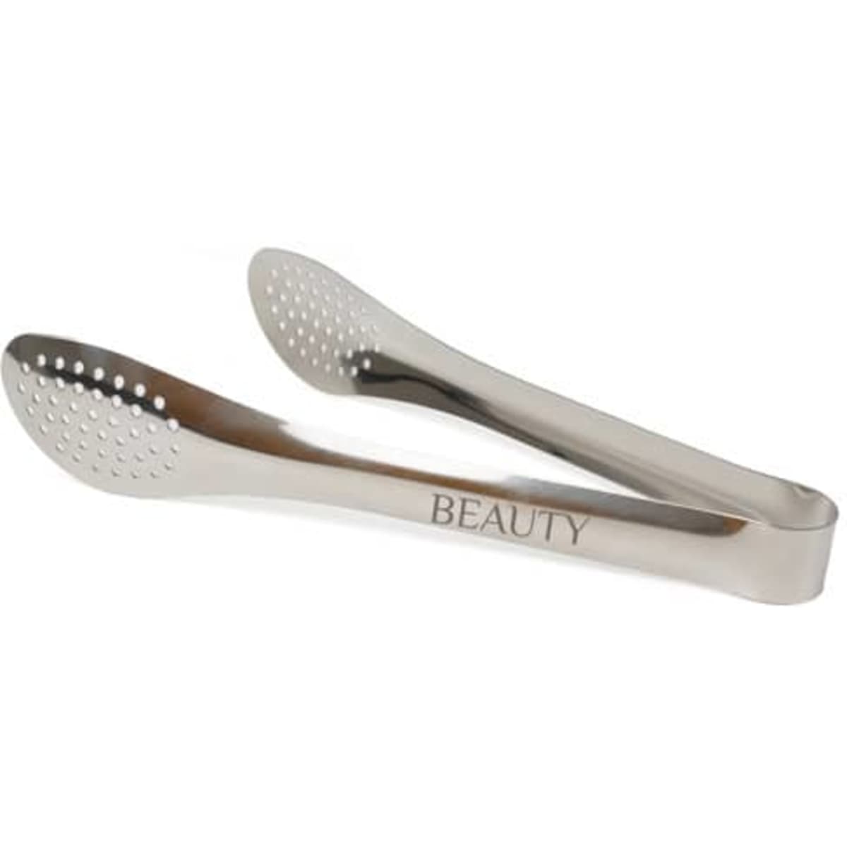 A 24cm stainless steel food tong with perforated ends and a branding logo, featuring a sleek silver colour.